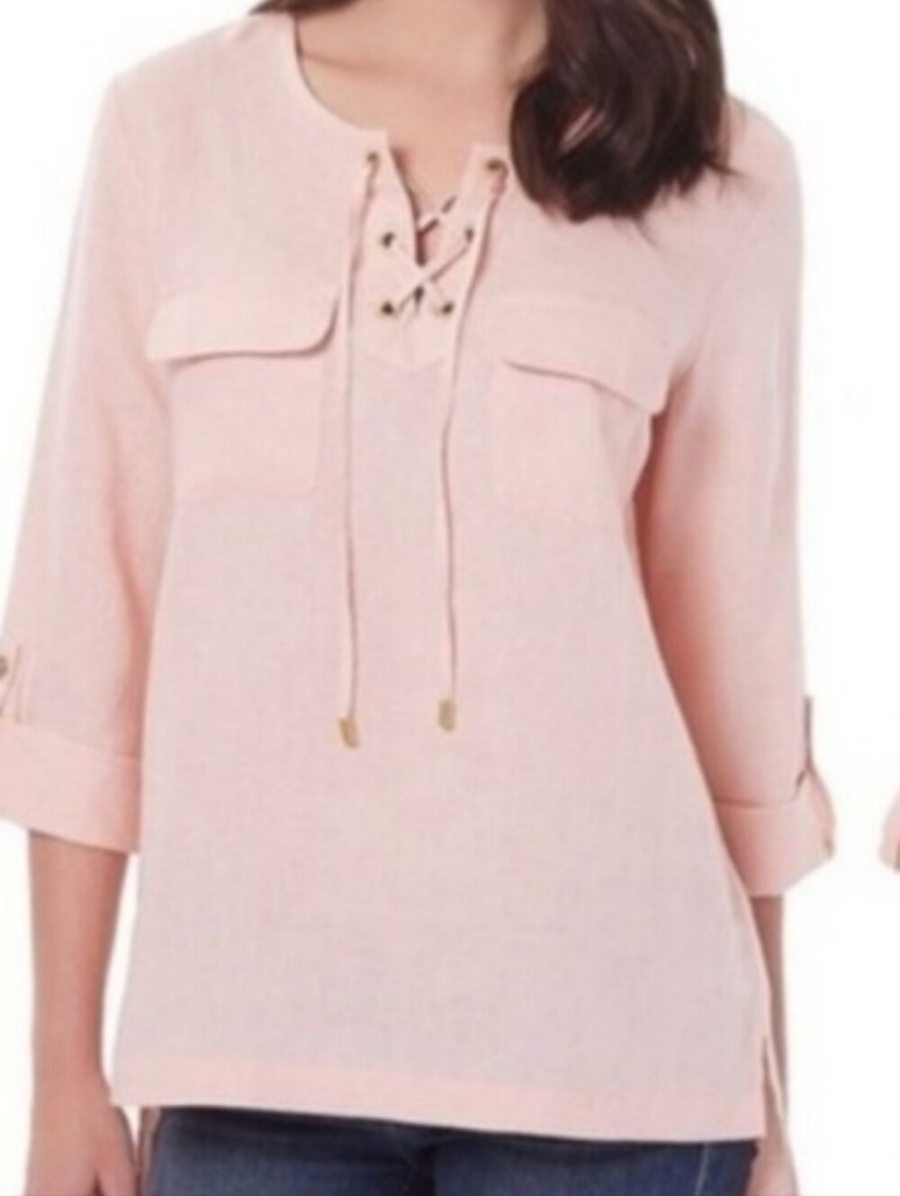 Ellen Tracy Linen Peach Lace-Up Pocket Tunic Blouse XL
